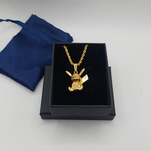 Pokemon Jewelry - 18K Gold Plated Pikachu Pendant with 18K Gold Plated Rope Chain
